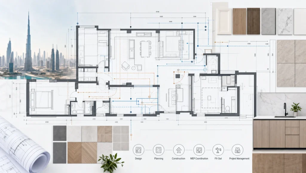 An abstract architectural map uses room outlines, cabinet fronts, tile grids, and service lines to suggest home remodeling.