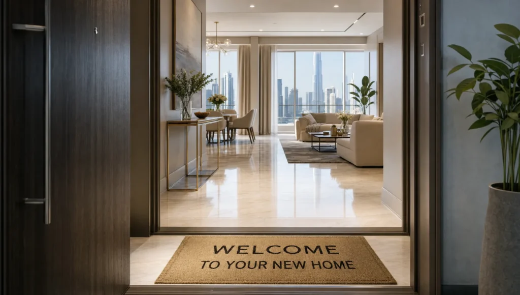 An open doorway leads from a tidy entry landing into brighter connected rooms in a renovated Dubai home.
