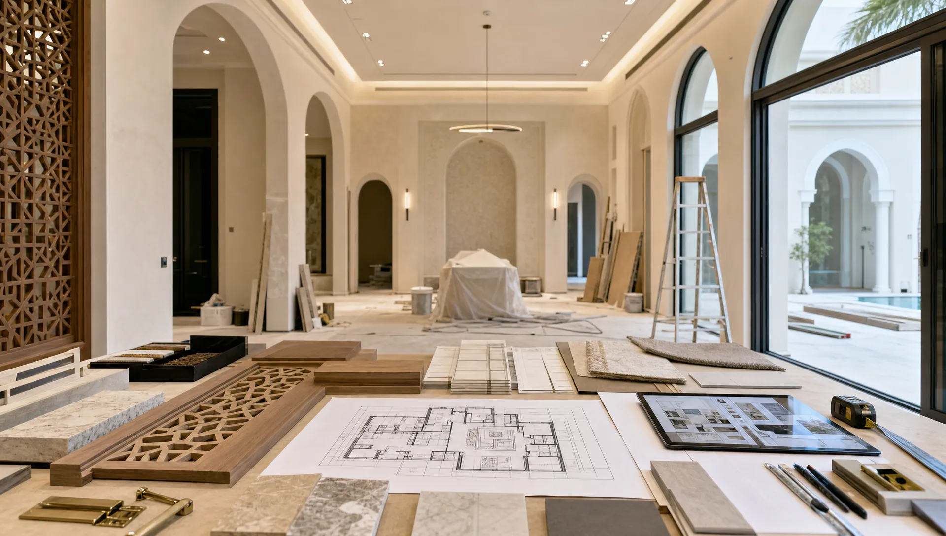 Custom joinery, stone samples, lighting plans, and tools are arranged in a Dubai villa renovation in progress.