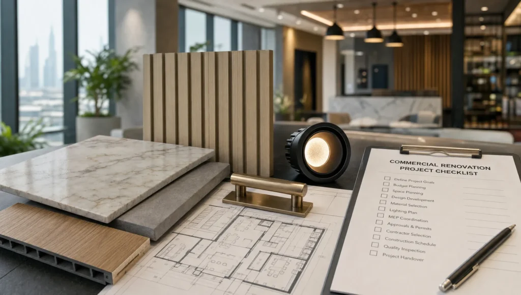 Finish samples, a floor plan and a project checklist sit on a work surface for a Dubai commercial renovation.