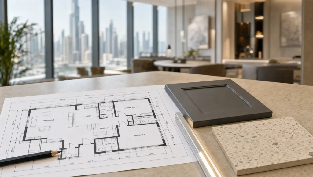 Floor plans and material samples are laid out for a home renovation decision in Dubai.
