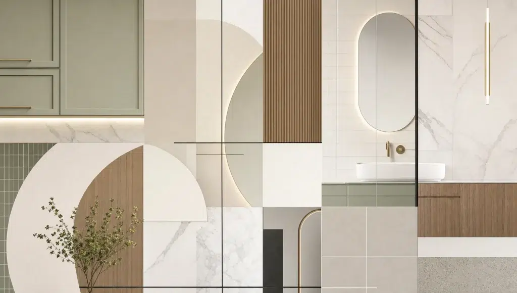 Interlocking shapes suggest the shared geometry of a cohesive kitchen and bathroom remodel.