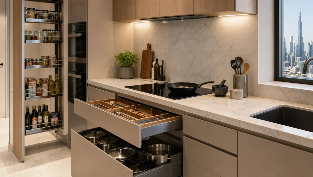 Kitchen drawers, a pull-out pantry, and a clear prep counter show practical storage placement in a Dubai home.