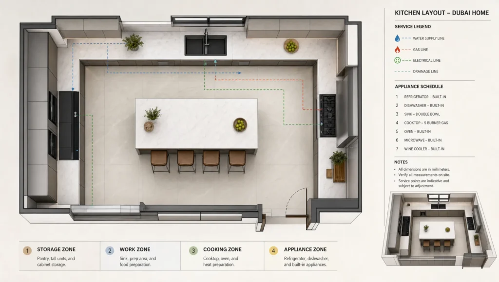 Kitchen module shapes and service lines form a custom layout for a Dubai renovation.
