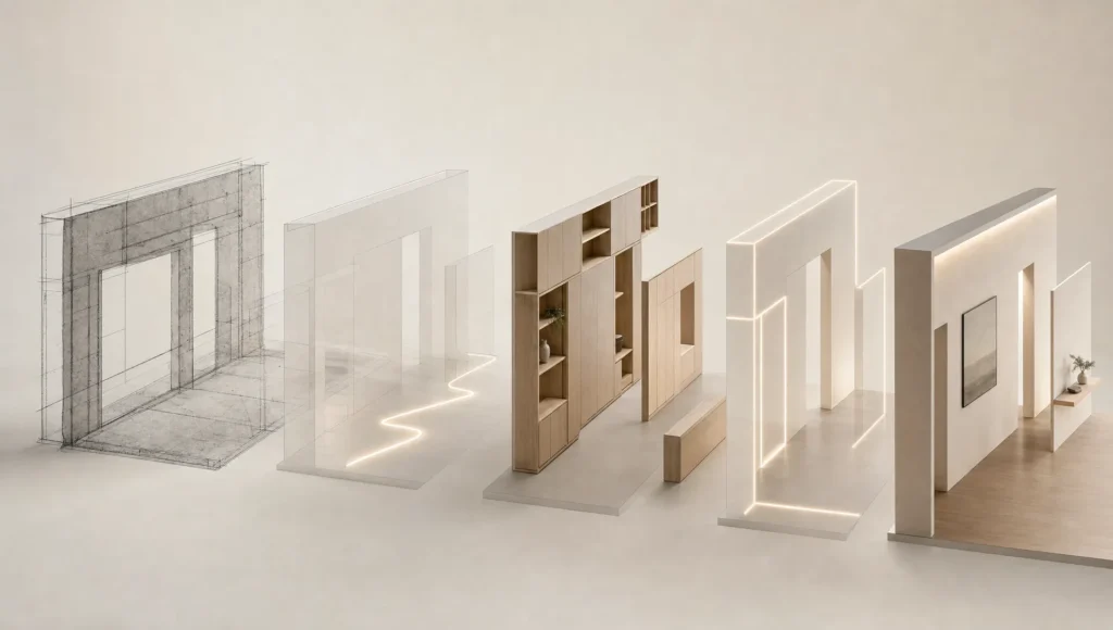 Layered architectural shapes suggest the planning behind a home design before and after transformation.