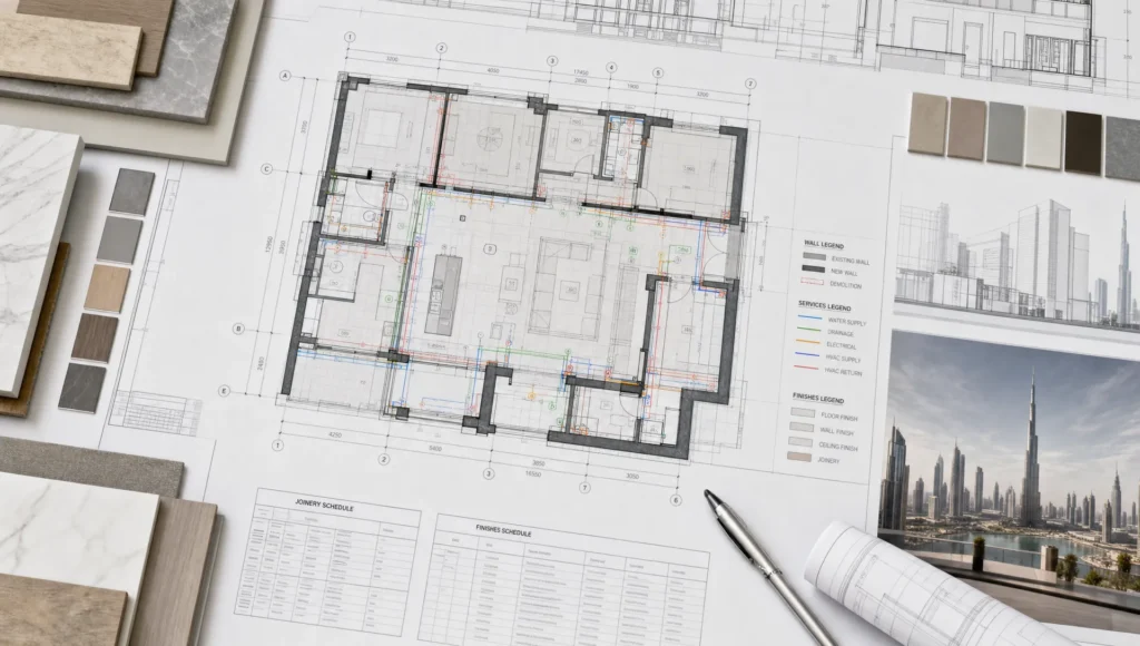 Layered plan lines and finish shapes suggest coordinated full home renovation work in Dubai.