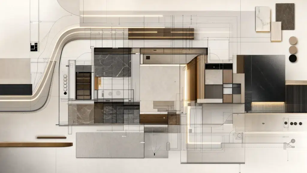 Layered room outlines and service lines map a luxury Dubai renovation with hidden systems and custom storage.