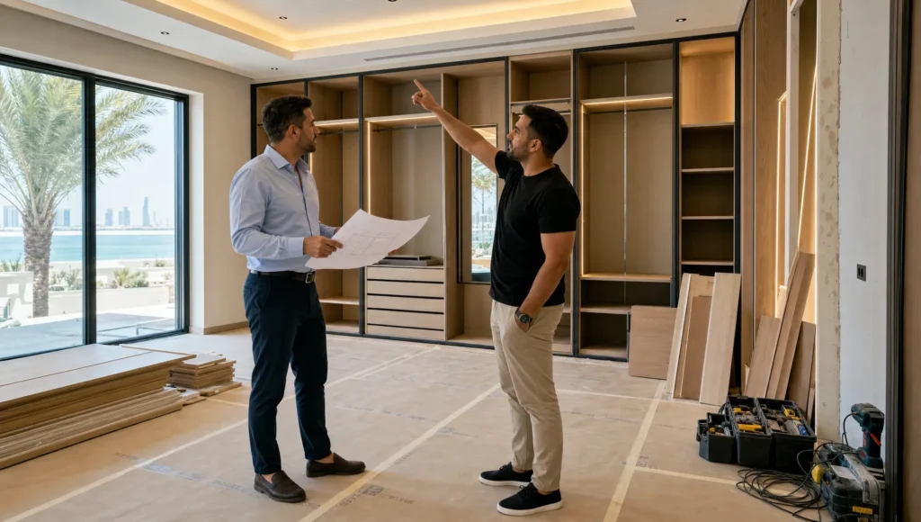 Two adults discuss a Dubai villa renovation beside custom joinery, protected floors, and finish boards.