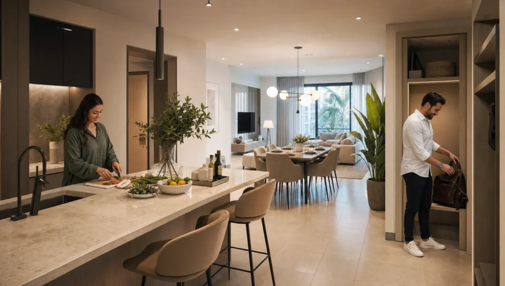 Two adults use a well-planned Dubai home kitchen and entry storage during an ordinary day.