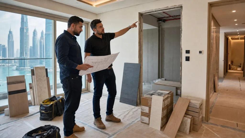 Two renovation professionals review drawings beside a prepared wall opening in a Dubai home.