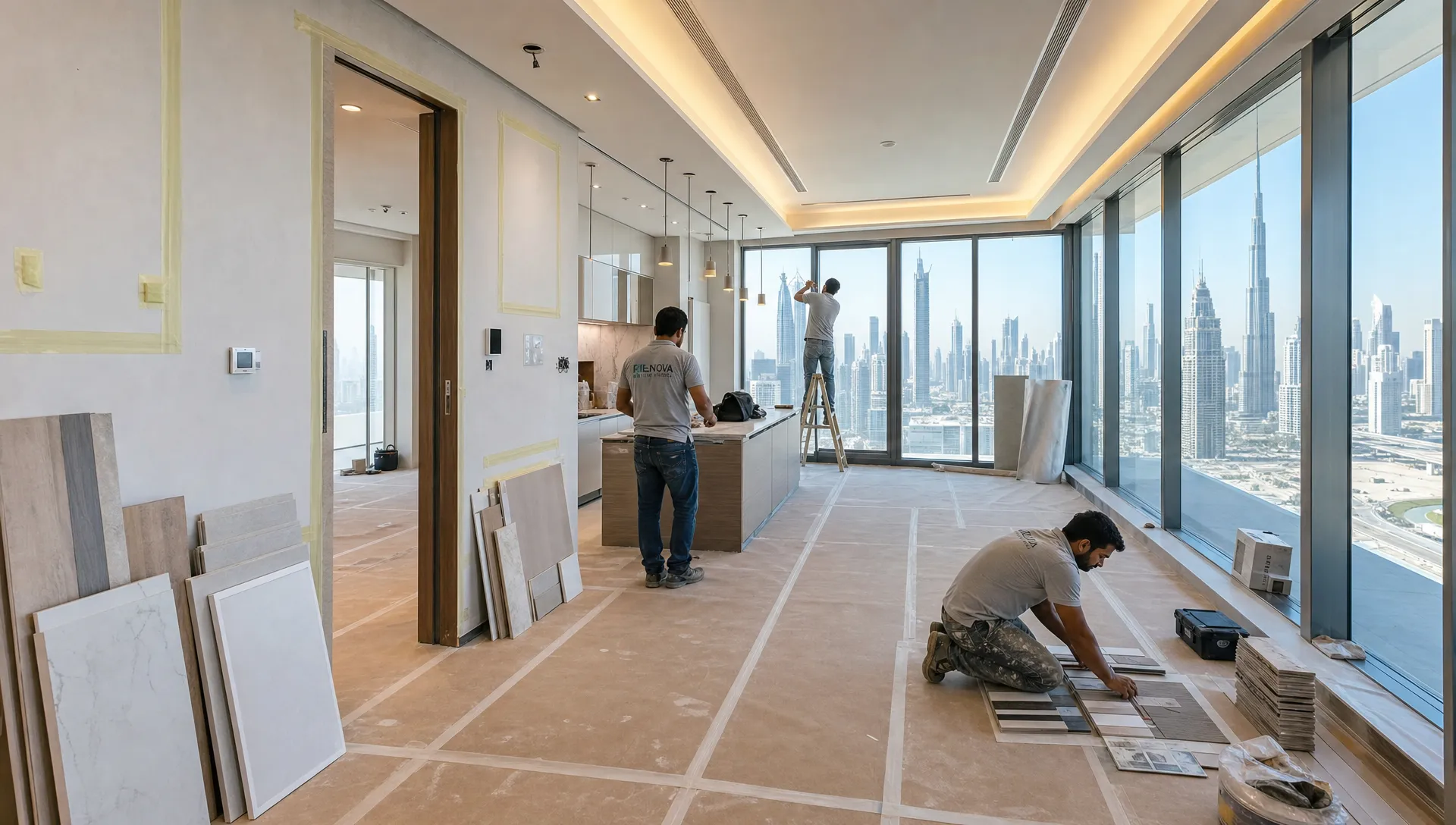 A bright Dubai apartment renovation with protected floors, marked wall areas, stacked samples, and workers preparing the space for coordinated interior upgrades.
