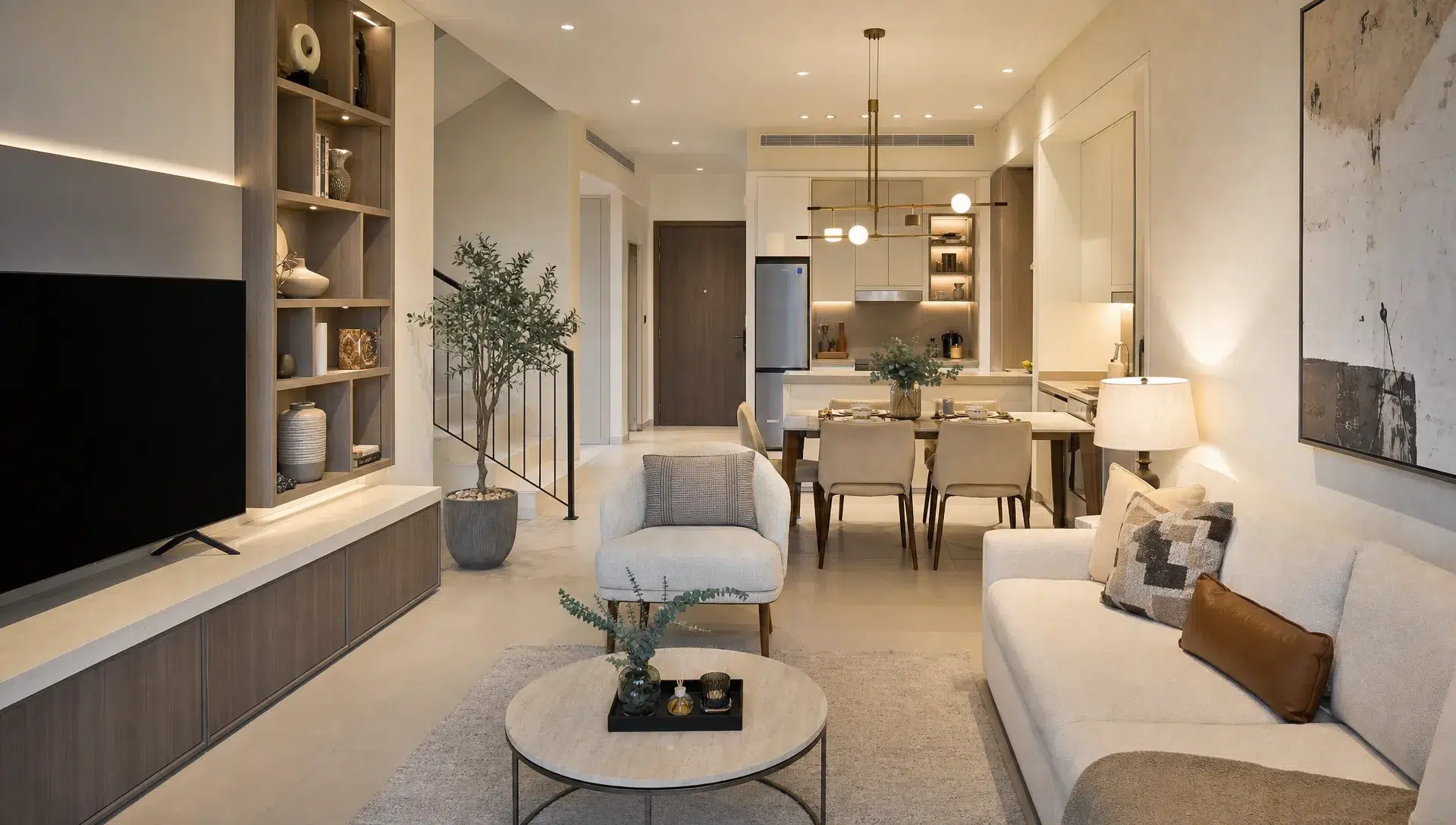 A bright Dubai townhouse living and dining area with open sightlines, built-in storage, layered lighting and a compact kitchen visible beyond.