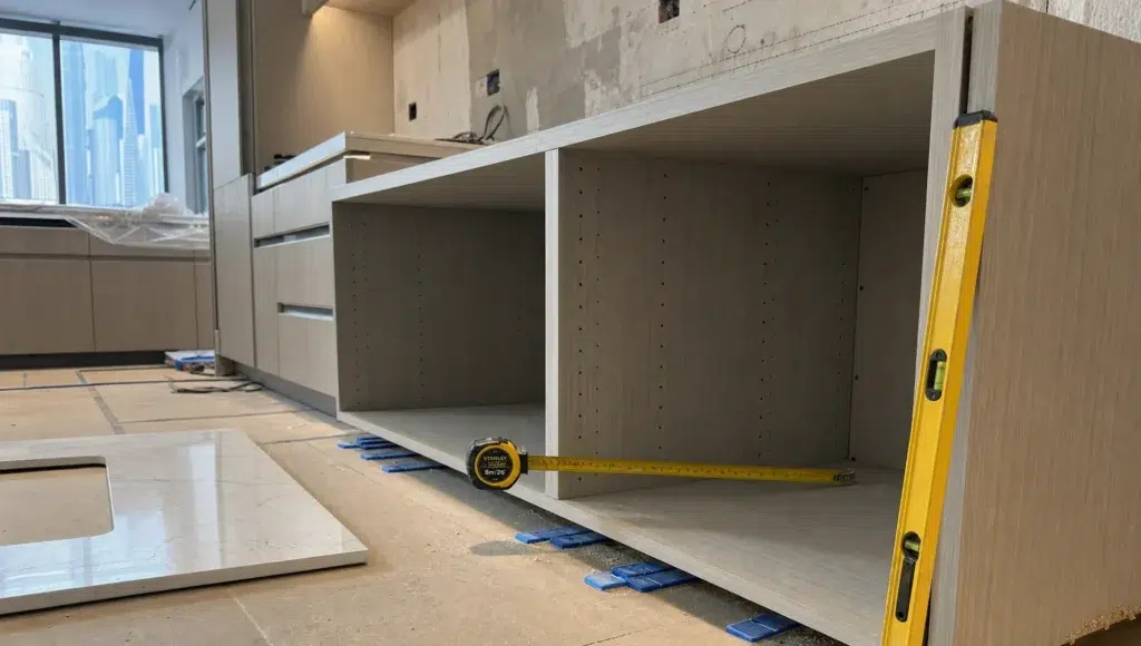 A cabinet frame is being leveled beside a countertop template during a Dubai kitchen renovation.