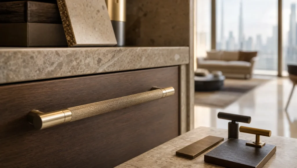 A cabinet handle and joinery detail highlight craftsmanship in a refined Dubai remodel.