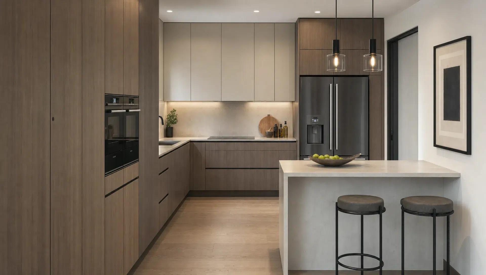 A compact modern kitchen with full-height cabinets, a slim peninsula, integrated appliances and clear walking space.