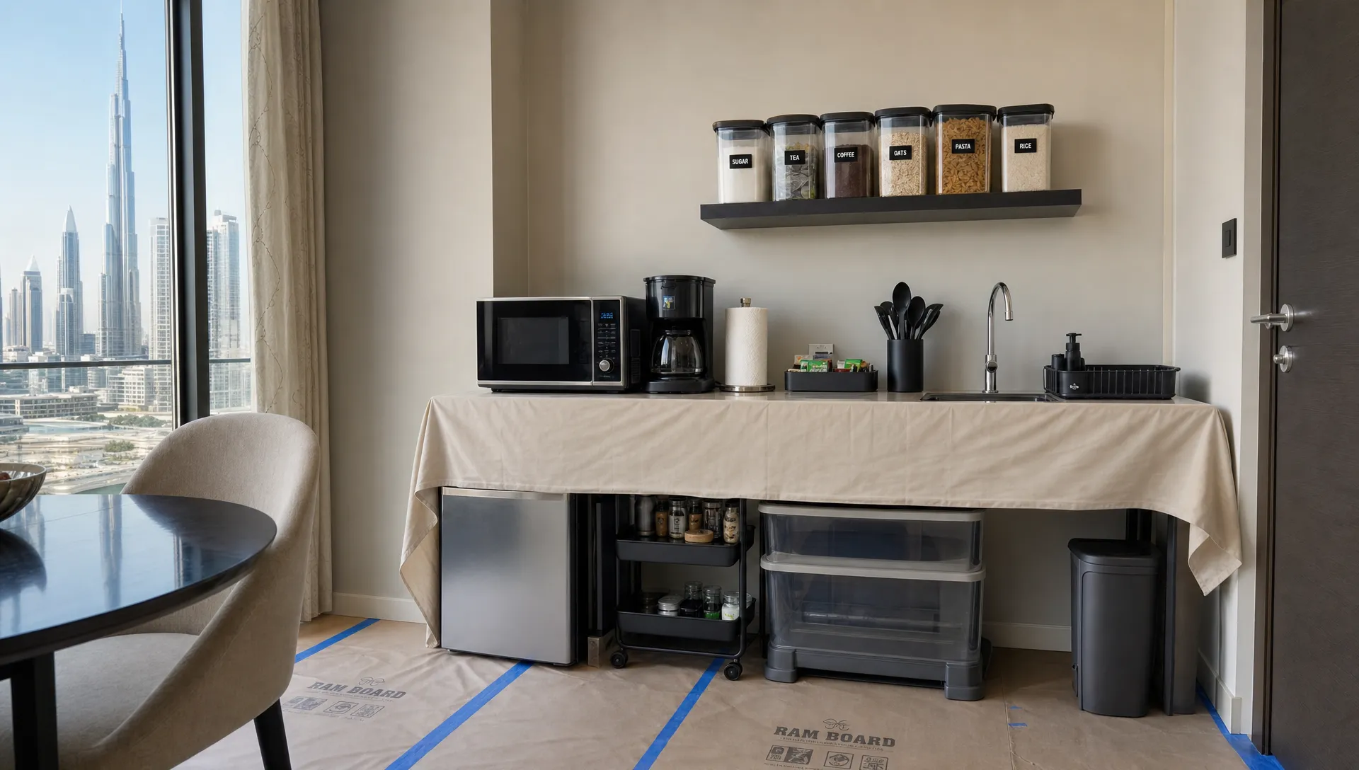 A compact temporary kitchen in a Dubai apartment dining area, with a microwave, coffee maker, labeled containers, and covered flooring.
