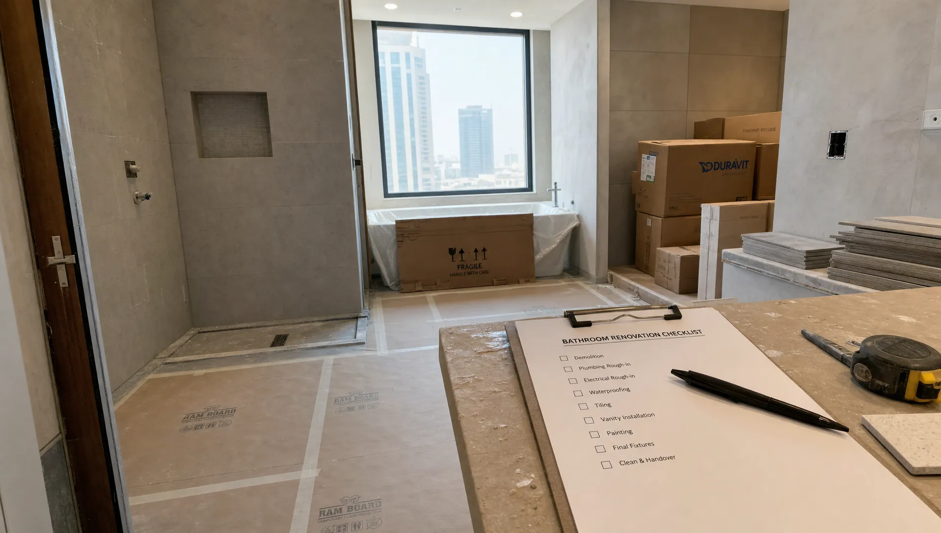 A Dubai apartment bathroom mid-renovation shows protected flooring, boxed fixtures, stacked tiles and a checklist on a worktable.