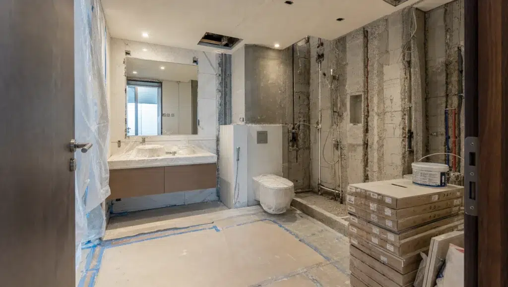 A Dubai apartment bathroom under renovation shows covered fixtures, stacked tiles and exposed wall chases.