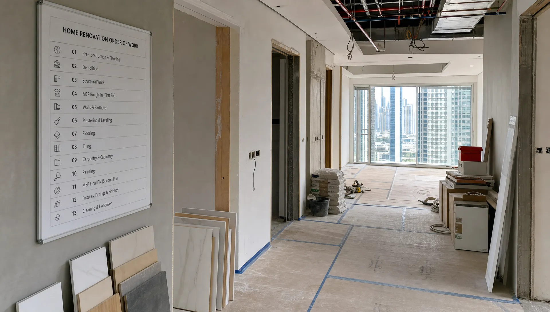 A Dubai apartment renovation in progress with protected floors, exposed service routes, stacked finish samples, and a planning board showing the home renovation order of work.
