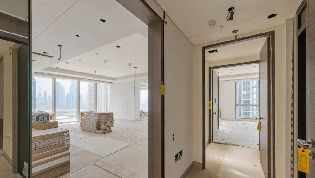 A Dubai apartment renovation shows protected floors, stacked materials, and open room connections during coordinated work.