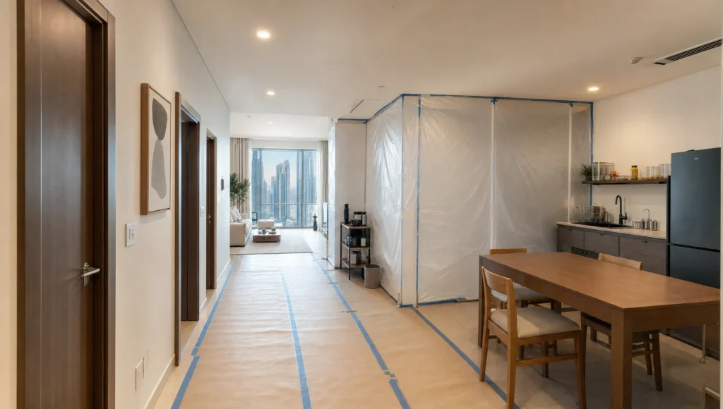 A Dubai apartment shows a sealed kitchen, temporary dining-area setup, and protected walkways during renovation.