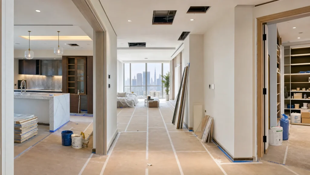 A Dubai home renovation shows protected floors, staged materials and open room connections.
