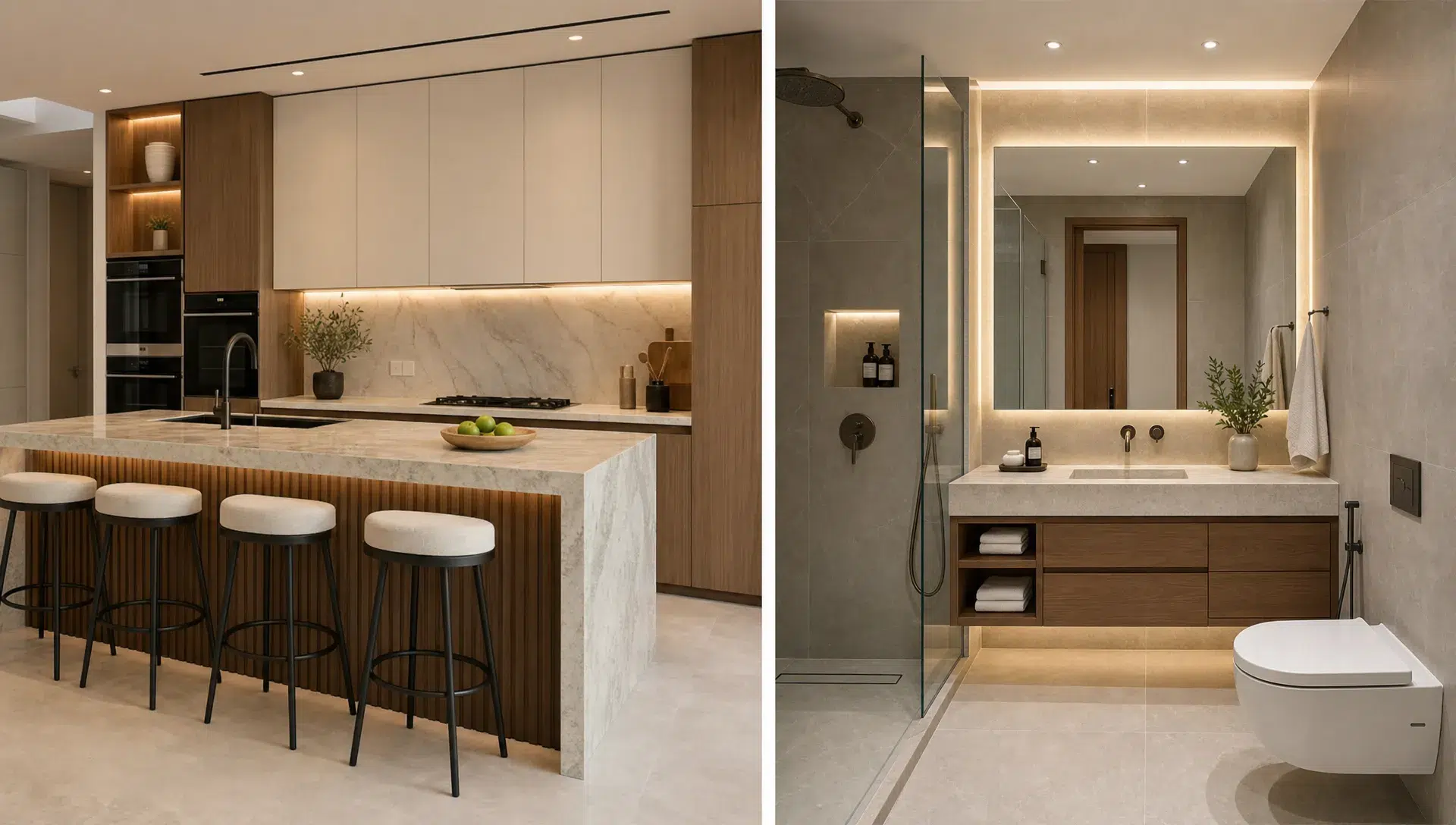 A Dubai kitchen and bathroom renovation with custom joinery, stone surfaces, practical storage and premium finishes for everyday comfort.