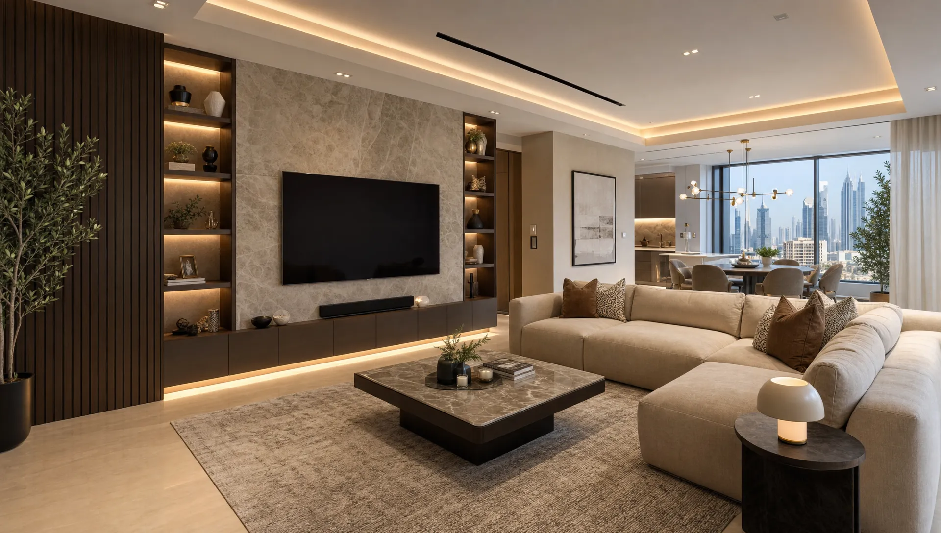 A Dubai living room after renovation with built-in storage, stone accents, layered lighting and comfortable seating in an open layout.