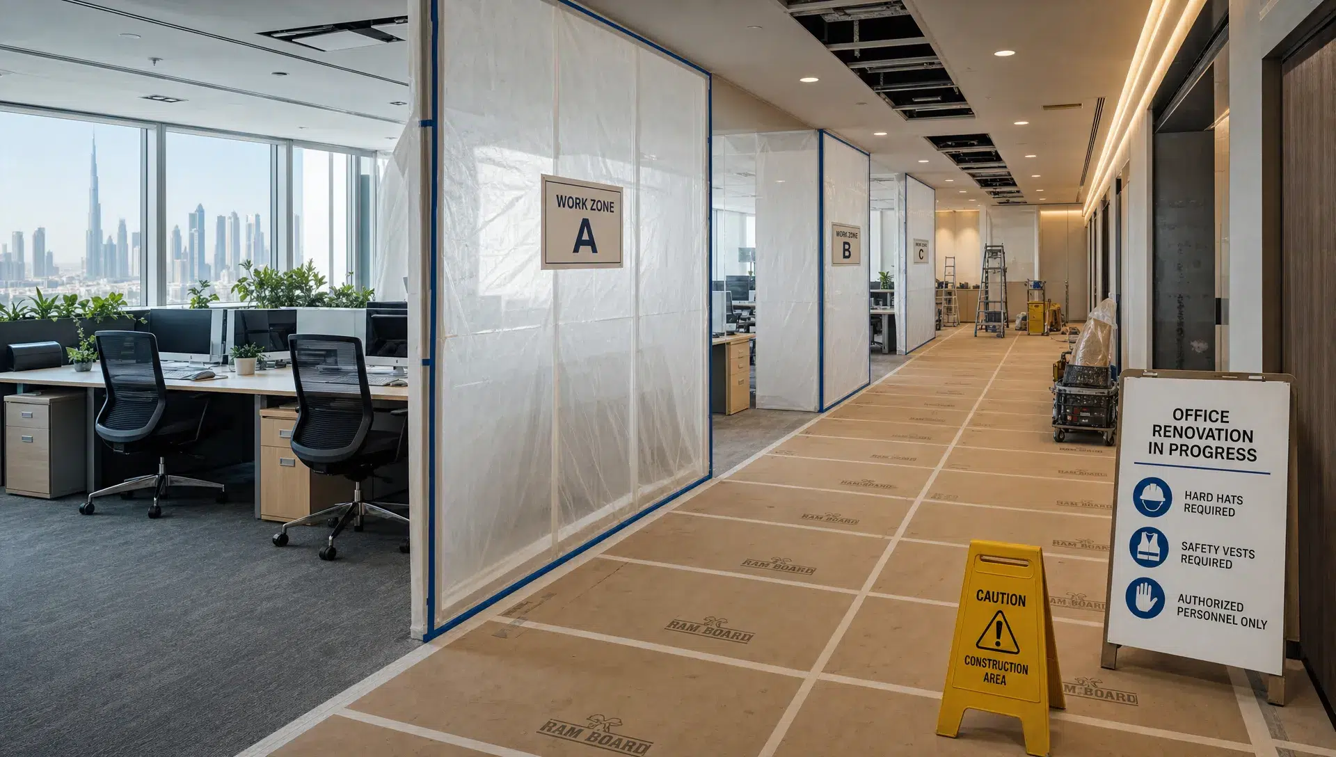 A Dubai office renovation in progress with temporary partitions, protected flooring, labeled work zones, and completed desks visible behind them.