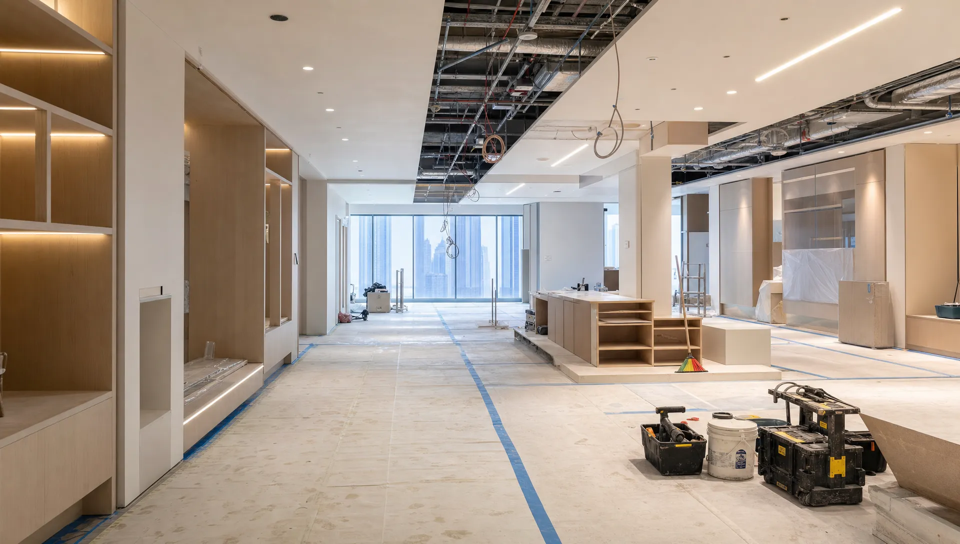 A Dubai retail and office interior under renovation with protected flooring, unfinished joinery, ceiling services, organized tools, and clear walkways for phased work.