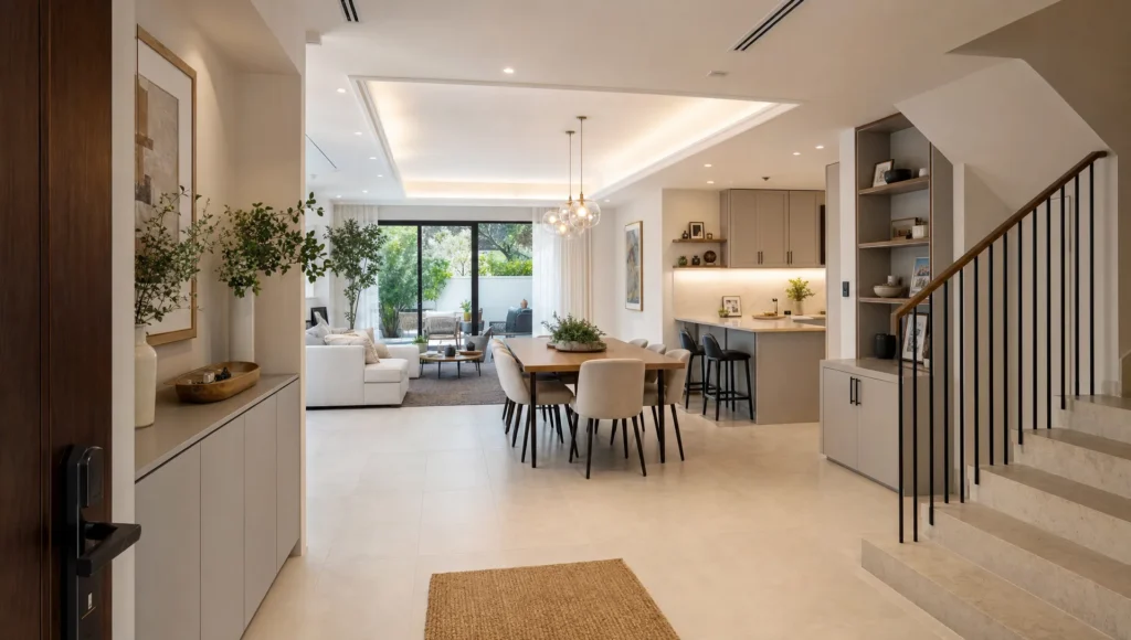 A Dubai townhouse ground floor shows open living, dining, and kitchen zones with built-in storage and a clear path to the patio.