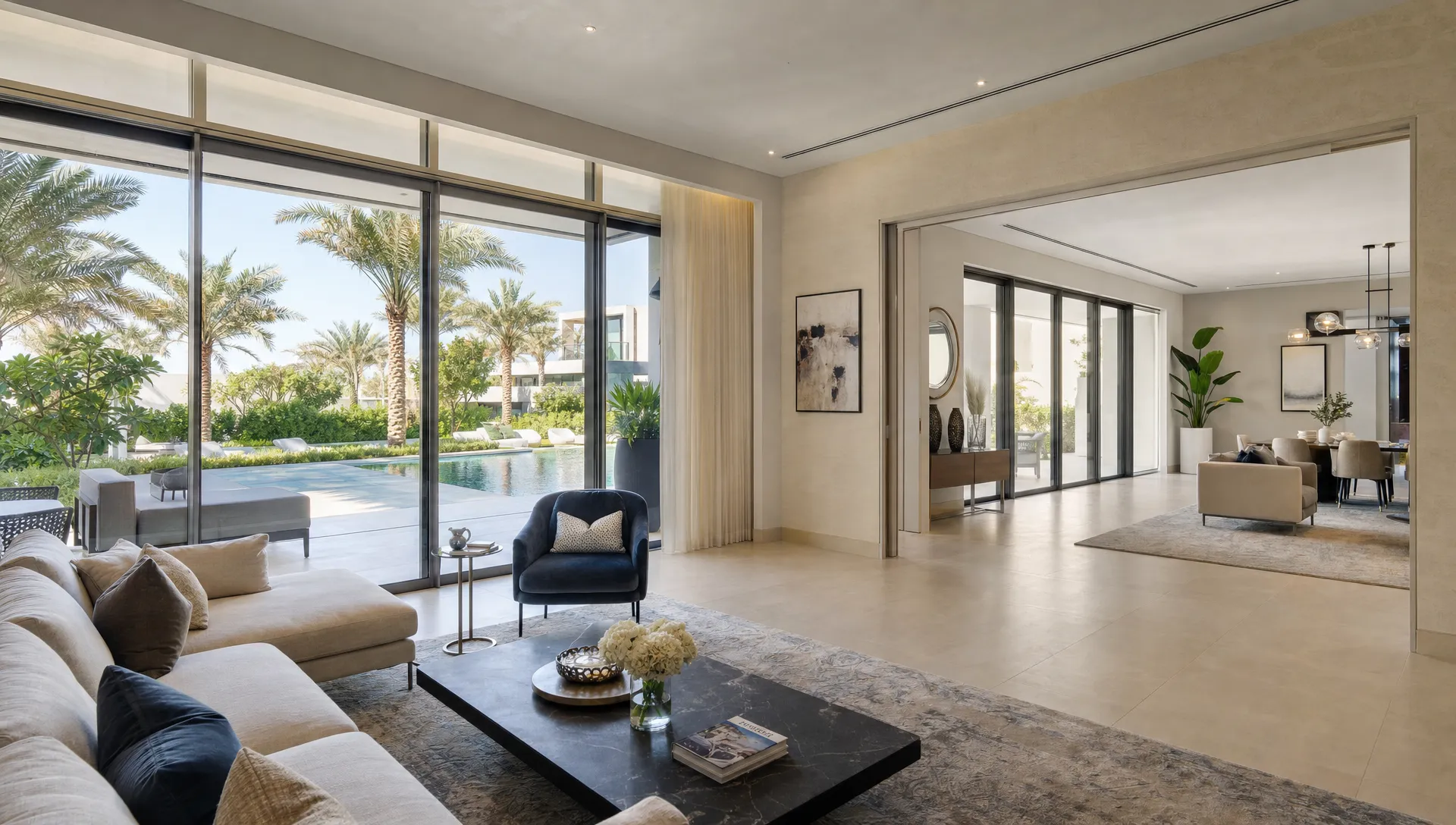 A Dubai villa living area opens into a new adjoining room with matching flooring, ceiling height and daylight, keeping movement between spaces open.