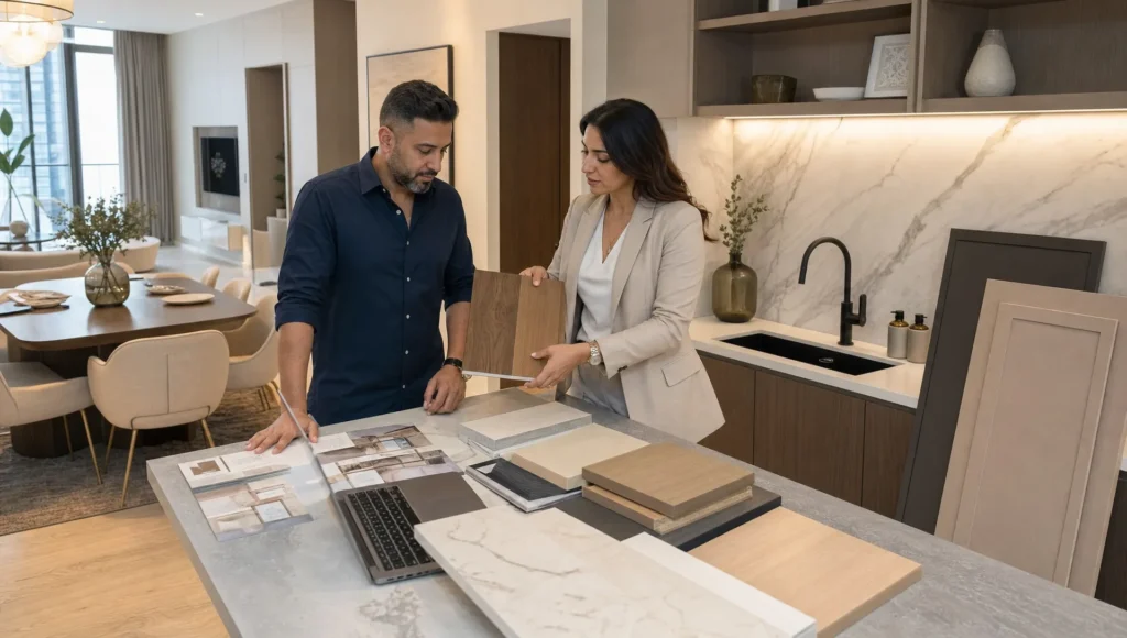 A homeowner and renovation consultant discuss finish choices in a completed Dubai kitchen.