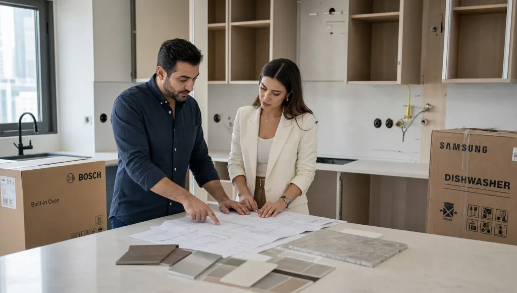 A homeowner and renovation consultant review kitchen layout drawings beside finish samples in a Dubai home.