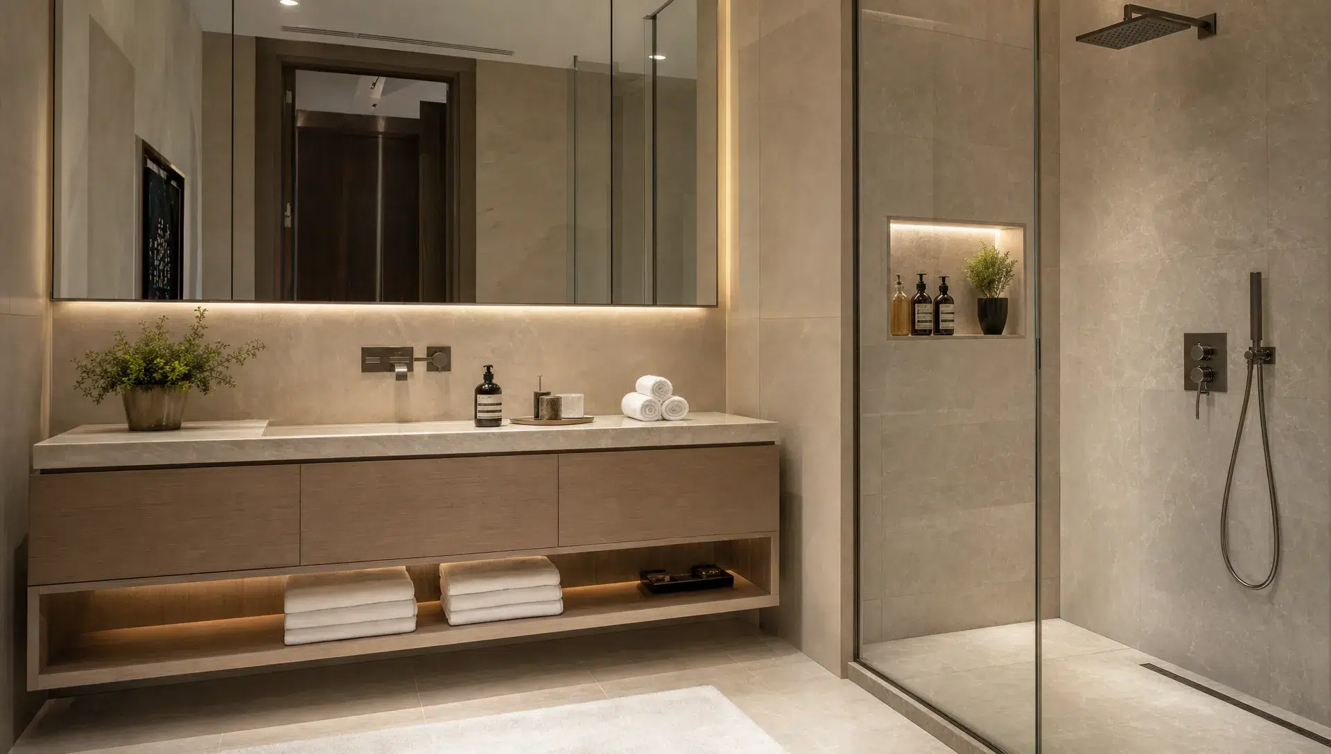 A modern Dubai bathroom vanity and walk-in shower show concealed drawers, a recessed niche, and neatly arranged towels.