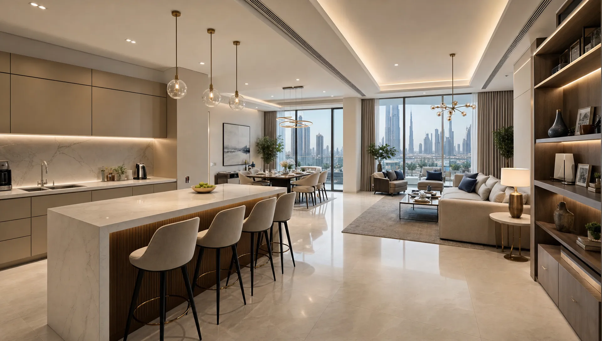 A modern Dubai home interior with an open kitchen, built-in storage, layered lighting and a comfortable family living area connected by clear walkways.