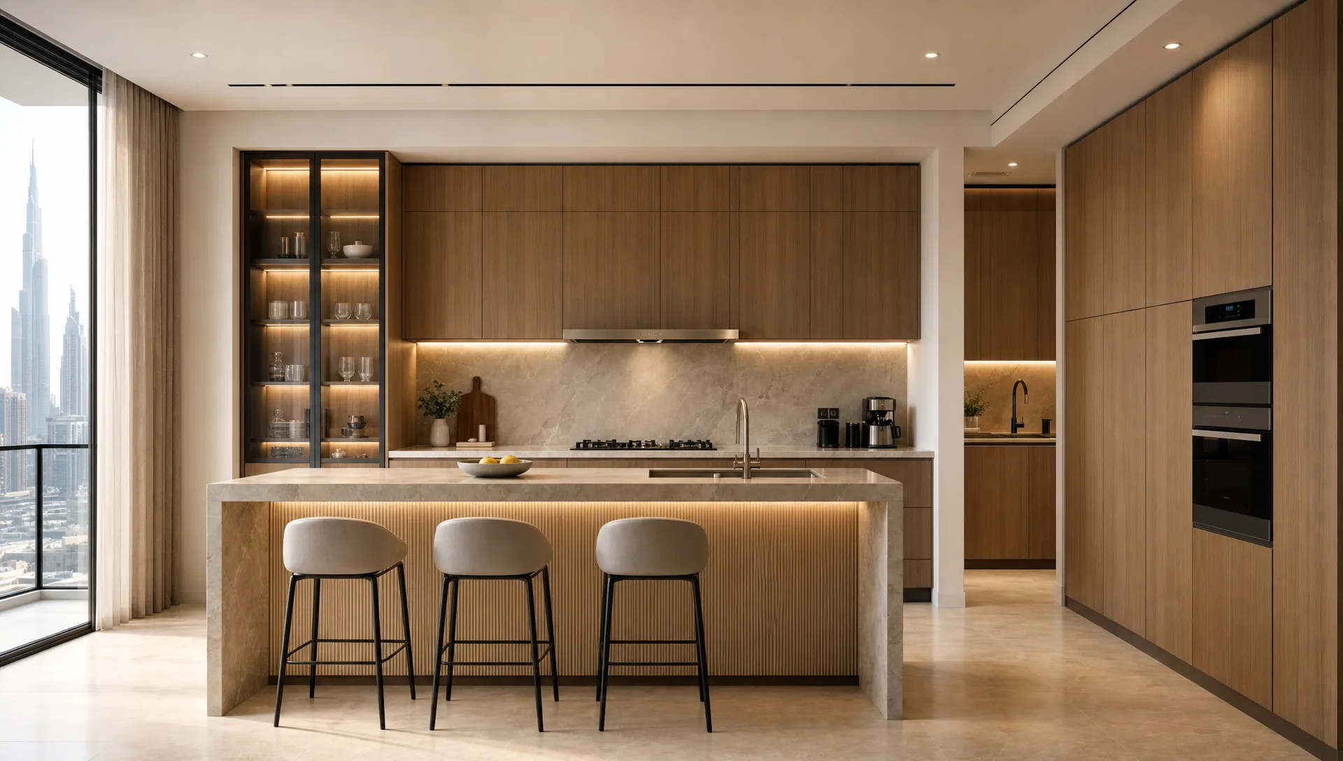 A modern Dubai kitchen with warm wood cabinets, a stone island, concealed storage, and under-cabinet lighting.