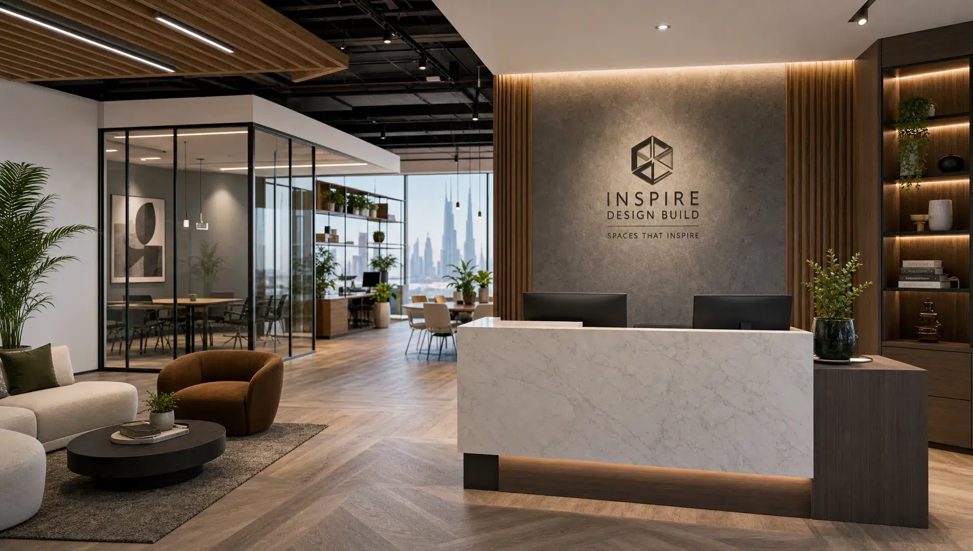 A modern Dubai office interior with a branded reception wall, custom joinery, collaborative seating and a clear visitor path that reflects company identity.