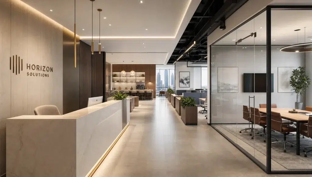 A modern Dubai office reception opens into meeting rooms, quiet desks and a pantry that show clear office flow.