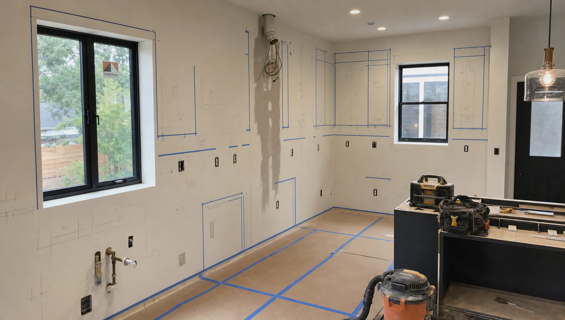 A partially renovated modern kitchen shows exposed service points, marked cabinet positions, protected flooring and organized tools during rough-in work.