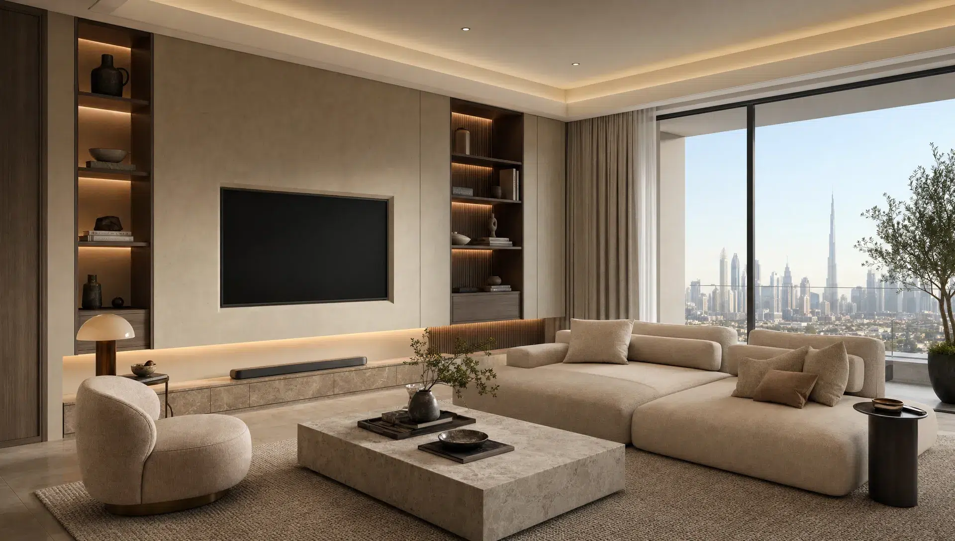 A refined Dubai living room with built-in joinery, concealed storage, layered lighting, a low sofa and a stone coffee table.