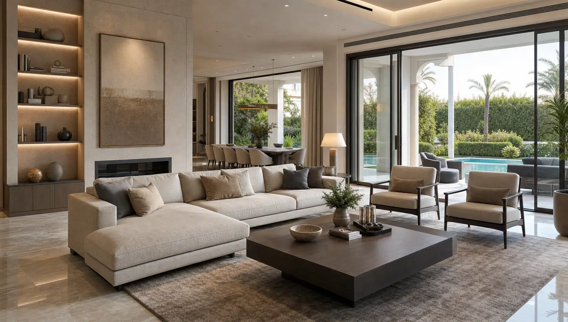 A refined Dubai villa living room with stone flooring, built-in shelving, soft seating and large windows toward the garden.