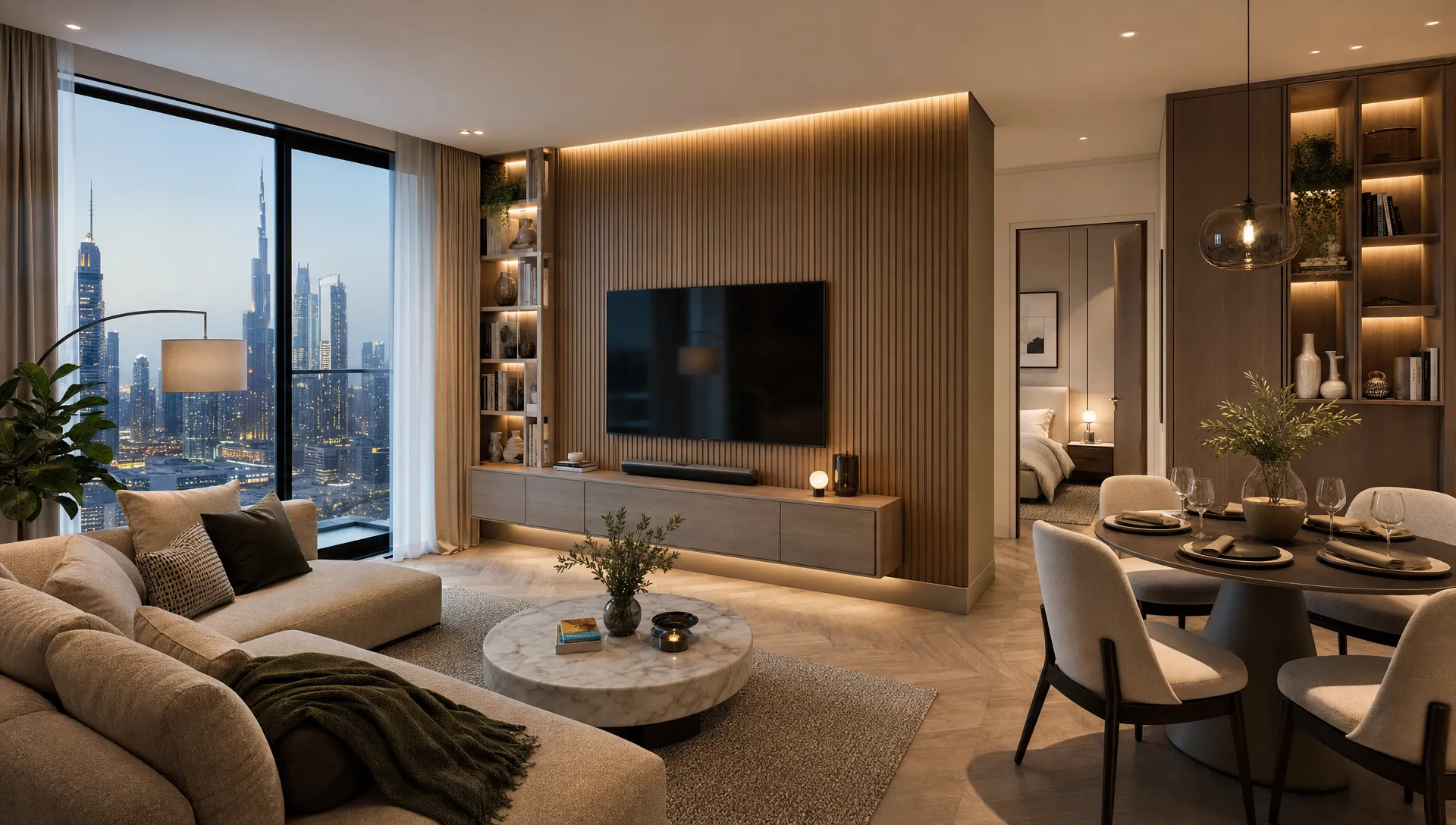 A refreshed Dubai apartment living area connects to a compact dining space with built-in storage, a textured media wall and layered lighting.