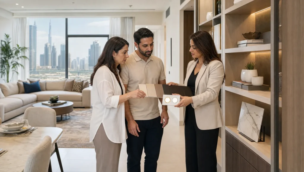 An adult couple and a consultant review finish samples in a Dubai living room renovation.