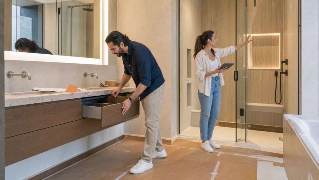 An adult couple reviews vanity storage and shower details during a Dubai bathroom renovation walkthrough.