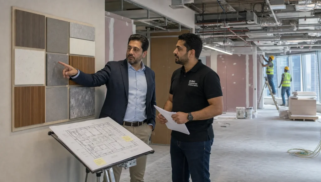 An owner and renovation consultant review finish samples and a site plan inside a Dubai office renovation.