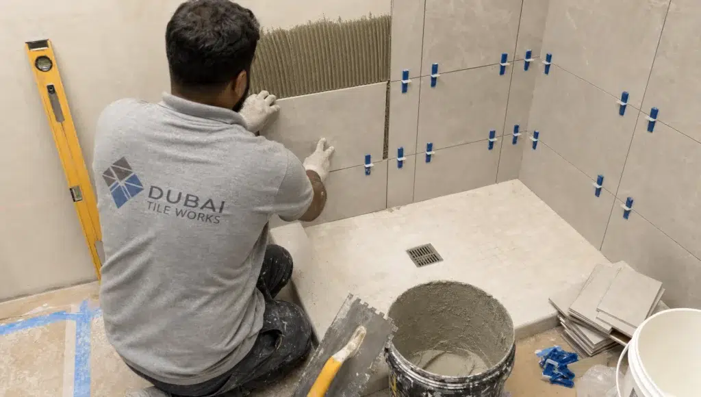 Hands install bathroom tiles beside spacers, a trowel and a level during a Dubai bathroom remodel.