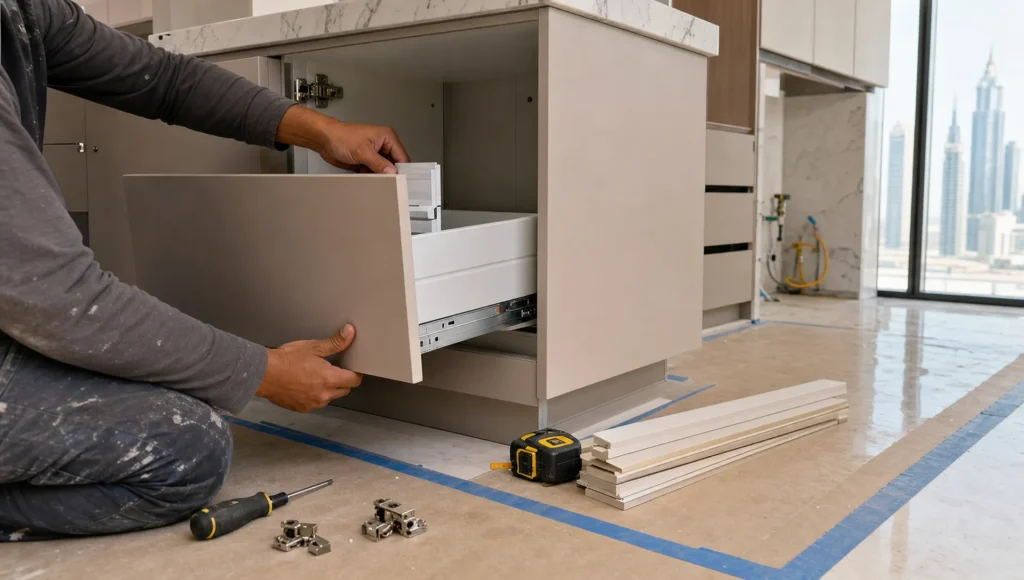 Hands install cabinet hardware during a modern kitchen renovation in Dubai.