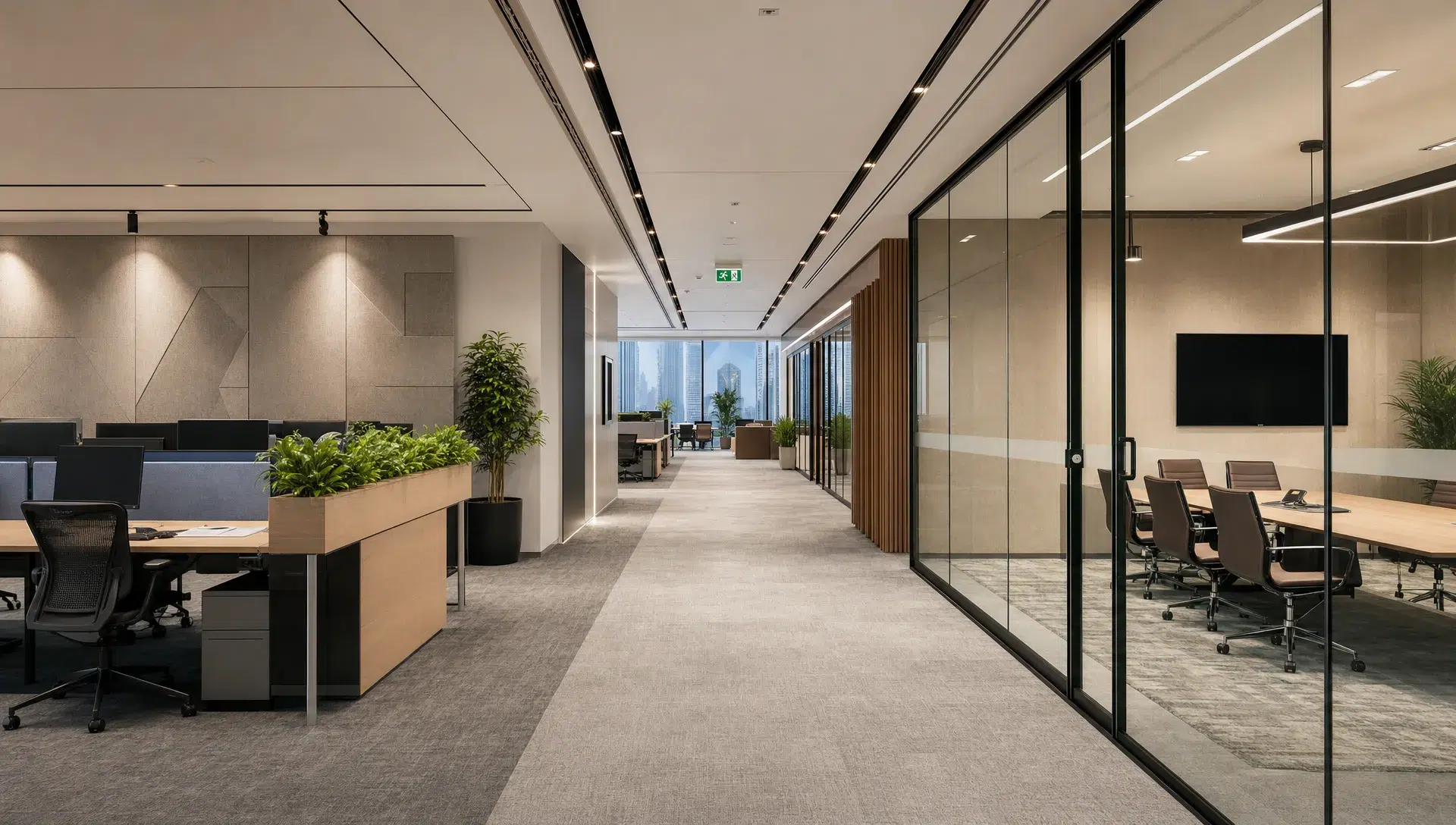 Modern Dubai office interior with quiet work zones, glass meeting rooms, acoustic wall panels, plants and clear walkways that guide movement through the space.