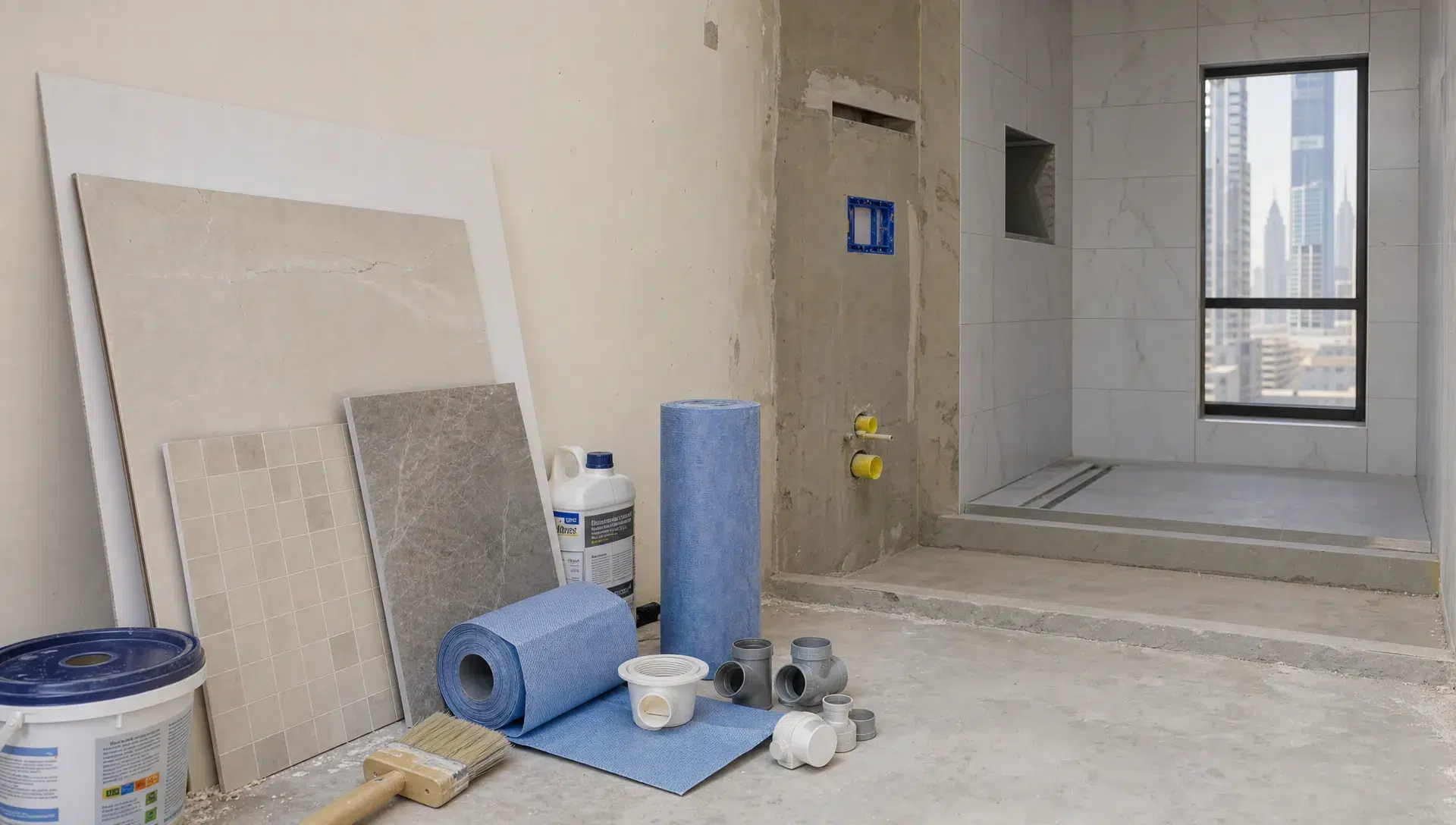 Tile samples, waterproofing materials and plumbing fittings sit beside a Dubai apartment bathroom under construction.